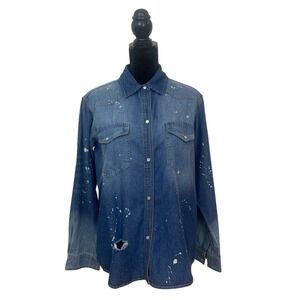 Lucky & Blessed Women's S Blue Distressed Paint Splatter Denim Western Shirt